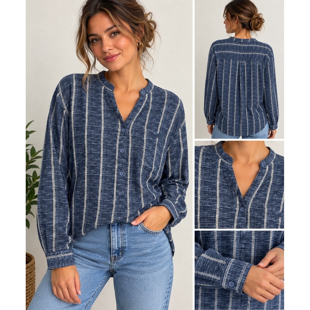 Blue White Striped High Low V-Neck Long Sleeve Blouse Tunic Medium